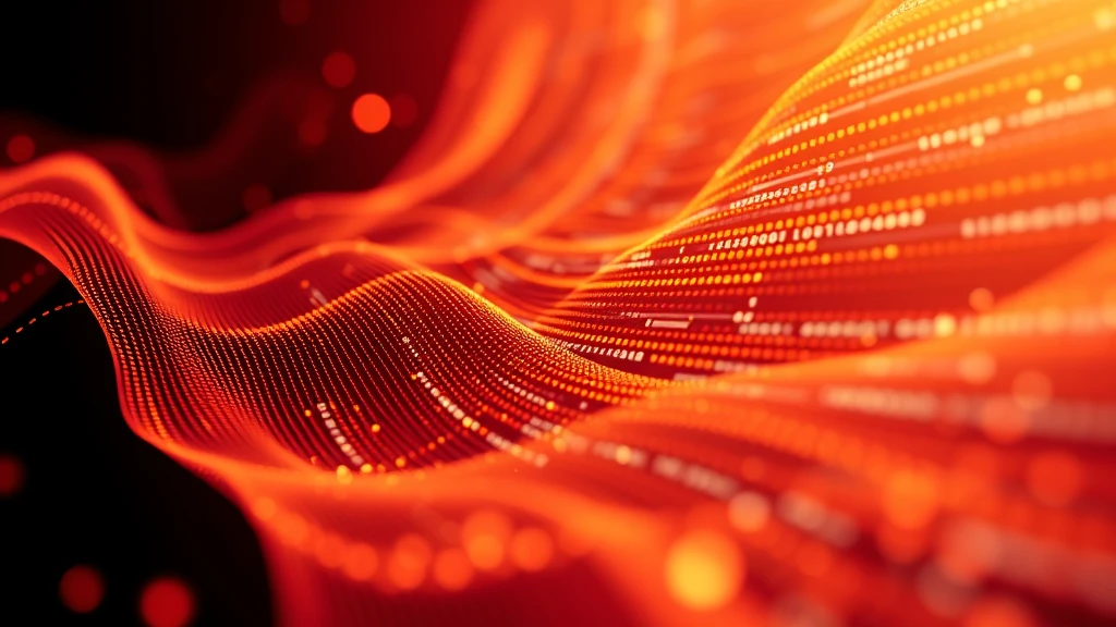 Digital flow data wave abstract red background with bokeh dots