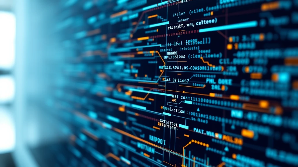 Digital code screen blue orange glowing data lines tech background