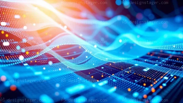 Digital network waves flowing data streams with blue and orange glow
