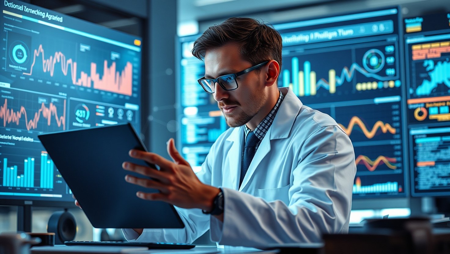 scientist looking at data screen