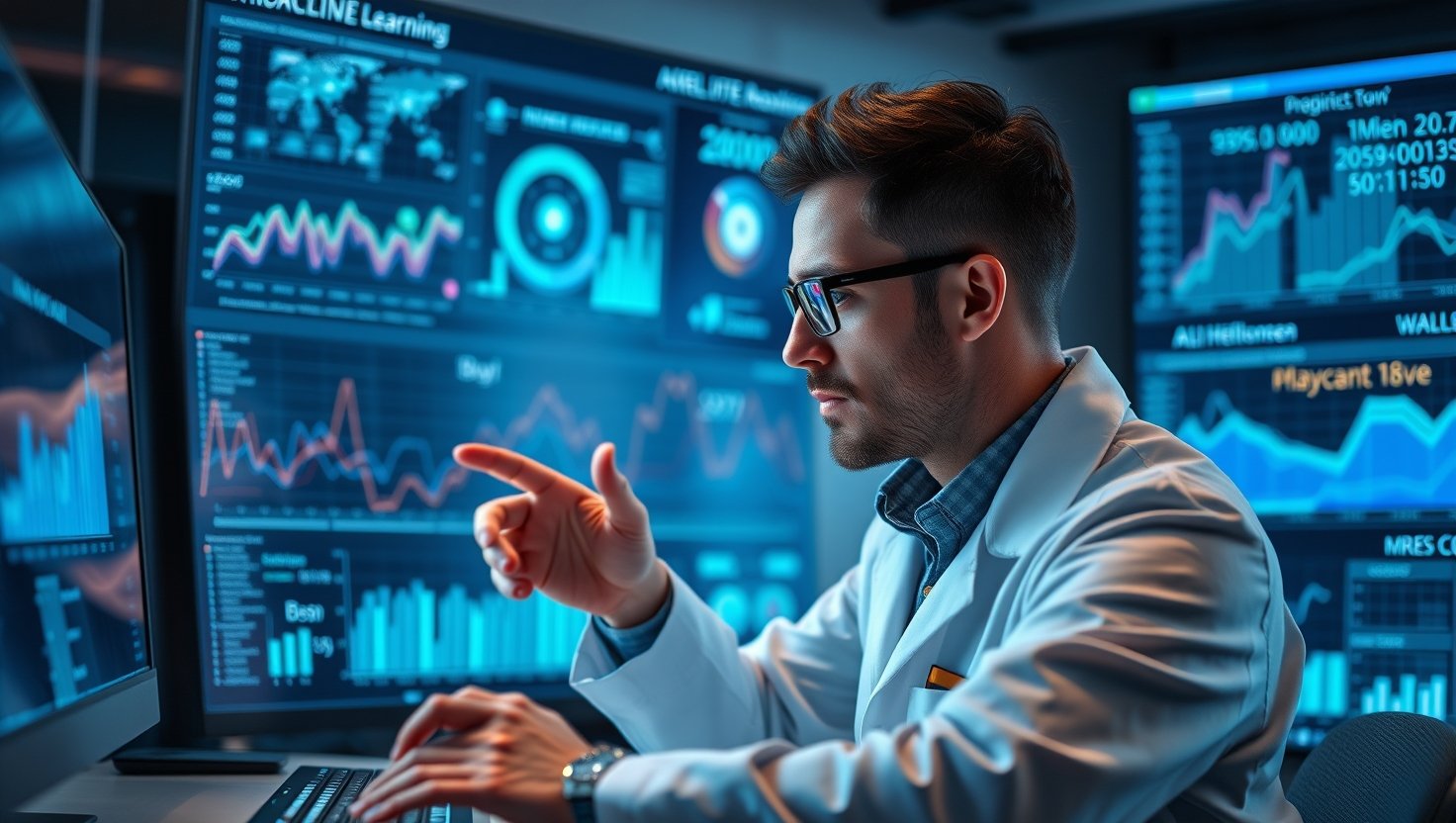Data scientist analyzing massive datasets with AI-powered machine learning models, holographic charts,…