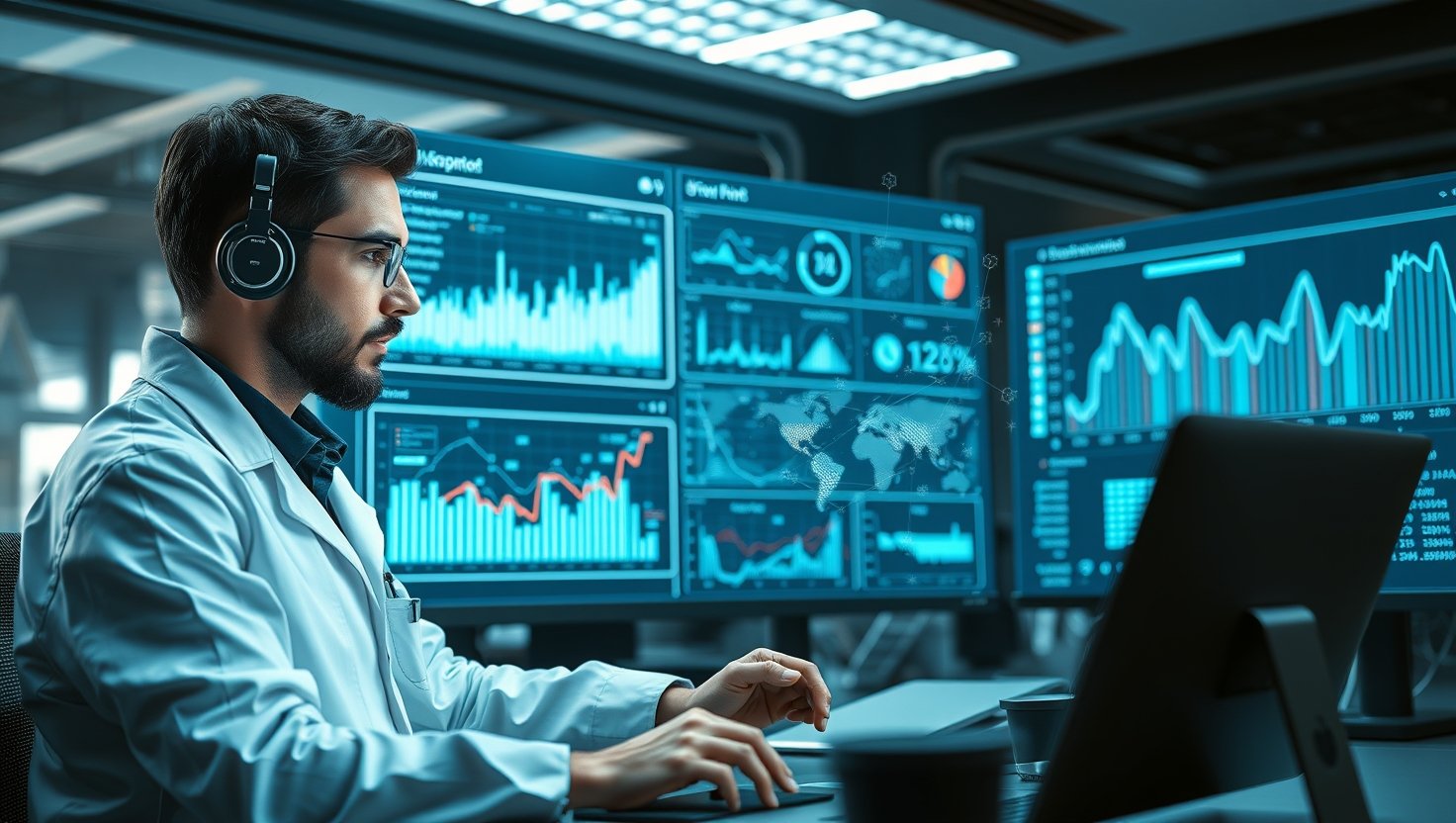 Data scientist analyzing massive datasets with AI-powered machine learning models, holographic charts,…