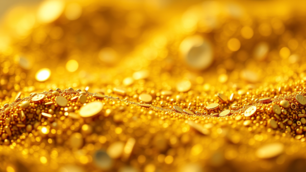 Pile of gold coins and beads, shiny treasure background for finance