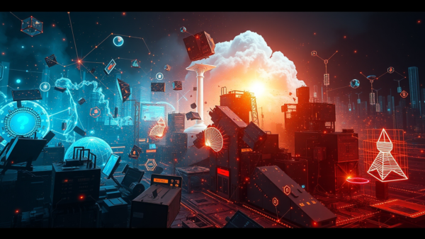 Abstract futuristic city network glowing in blue and red light