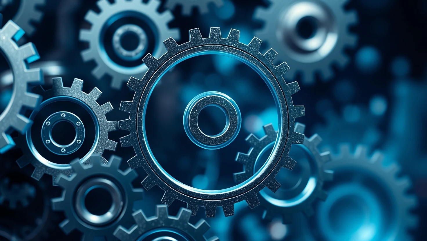 Blue metal gears turning in mechanical engineering concept