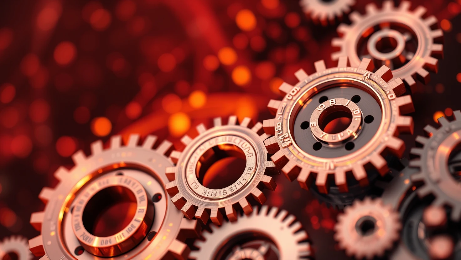 Metal gears turning machine industry concept with red bokeh lights