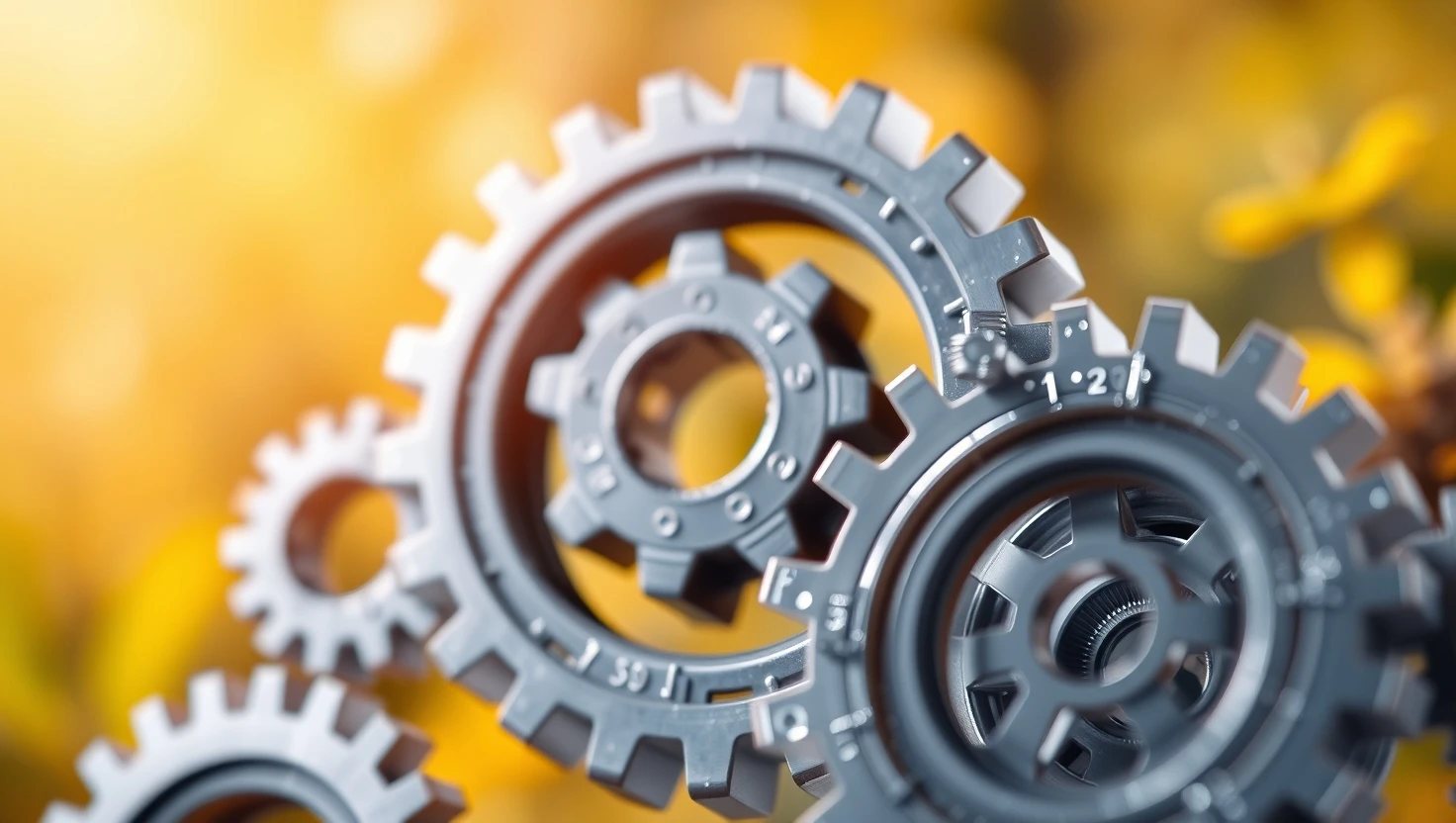 Metal gears turning symbolizing industry and innovation with warm sunlight
