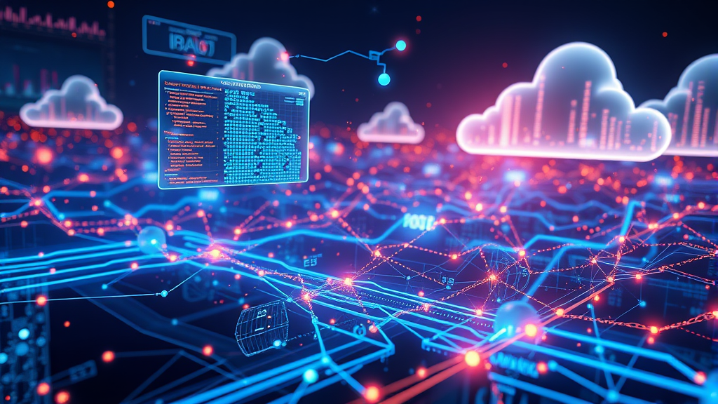 Digital cloud network abstract data flow background with blue and red glowing lights