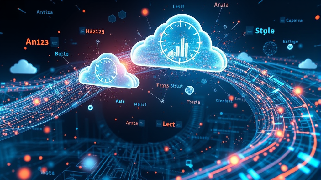 Digital transformation concept art with floating datasets, machine learning algorithms, cloud computing…