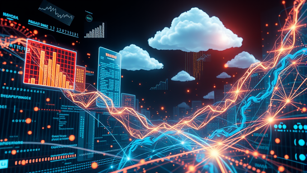 Digital transformation concept art with floating datasets, machine learning algorithms, cloud computing…
