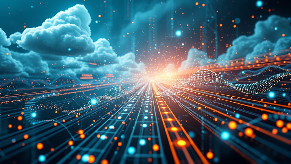 Digital transformation concept art with floating datasets, machine learning algorithms, cloud computing…