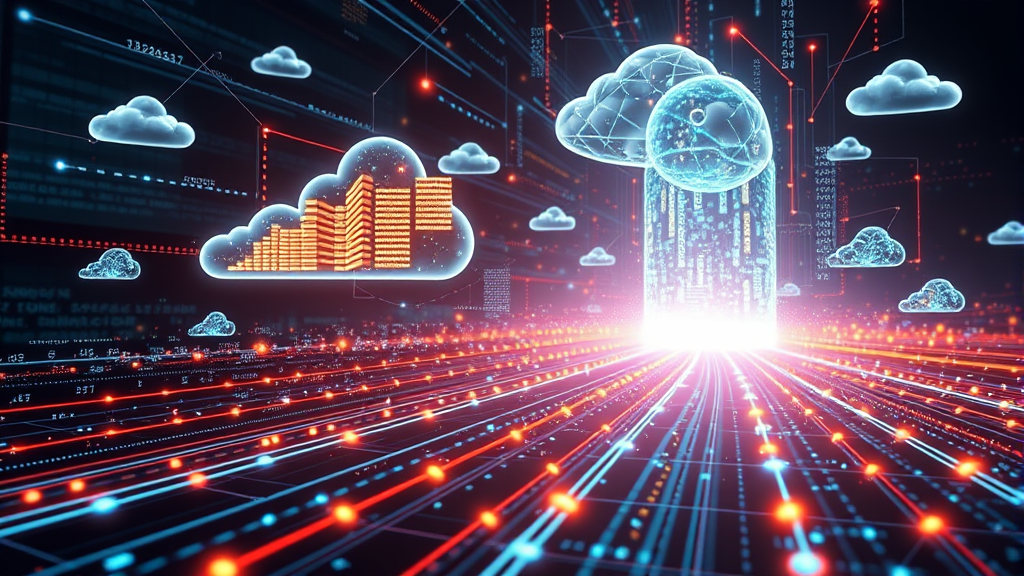 Digital transformation concept art with floating datasets, machine learning algorithms, cloud computing…