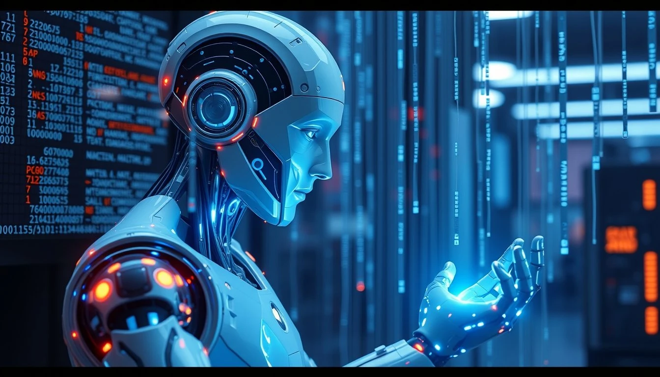 AI robot interacting with digital code streams, futuristic humanoid design, glowing circuits,…
