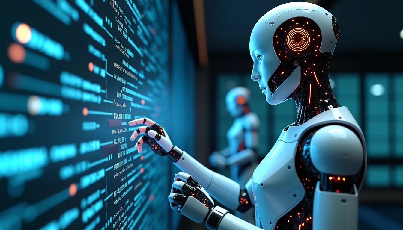 AI robot interacting with digital code streams, futuristic humanoid design, glowing circuits,…