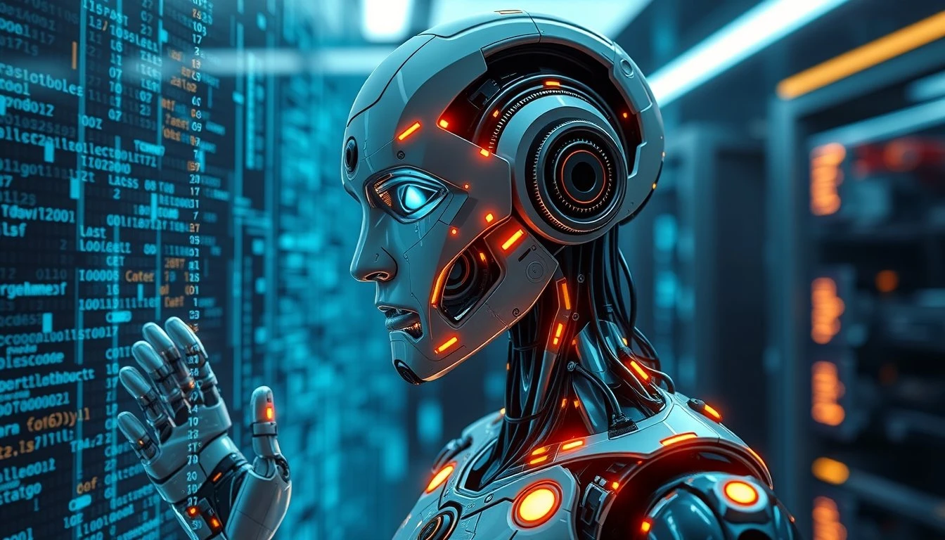 AI robot interacting with digital code streams, futuristic humanoid design, glowing circuits,…
