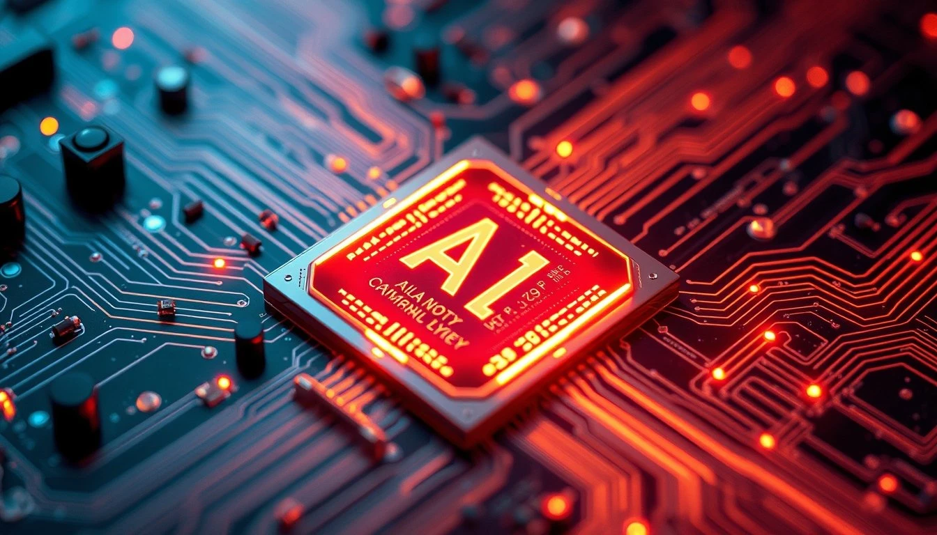AI chip glowing inside futuristic circuit board, macro detail, pulsing neon veins,…