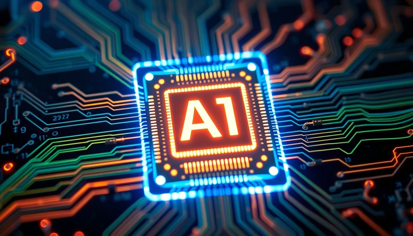 AI chip glowing inside futuristic circuit board, macro detail, pulsing neon veins,…