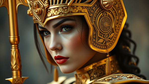 Golden warrior woman ornate helm and staff illustration portrait
