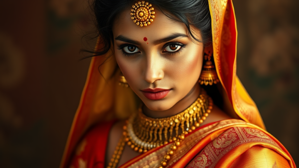 Indian woman traditional attire rich gold jewelry detail headshot close up