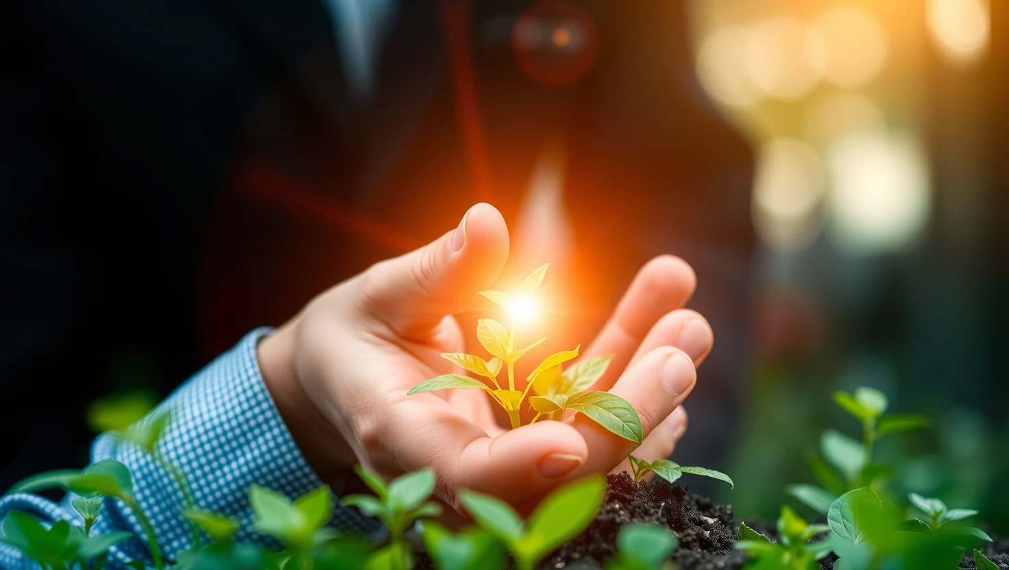 Small plant growing with glowing light in cupped hands