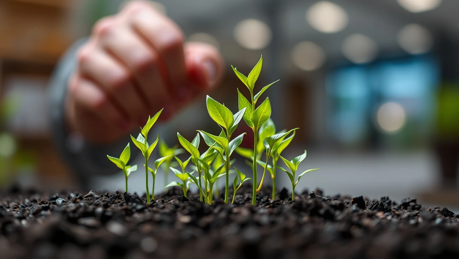 Young plants growing in rich soil, hand tending them for growth