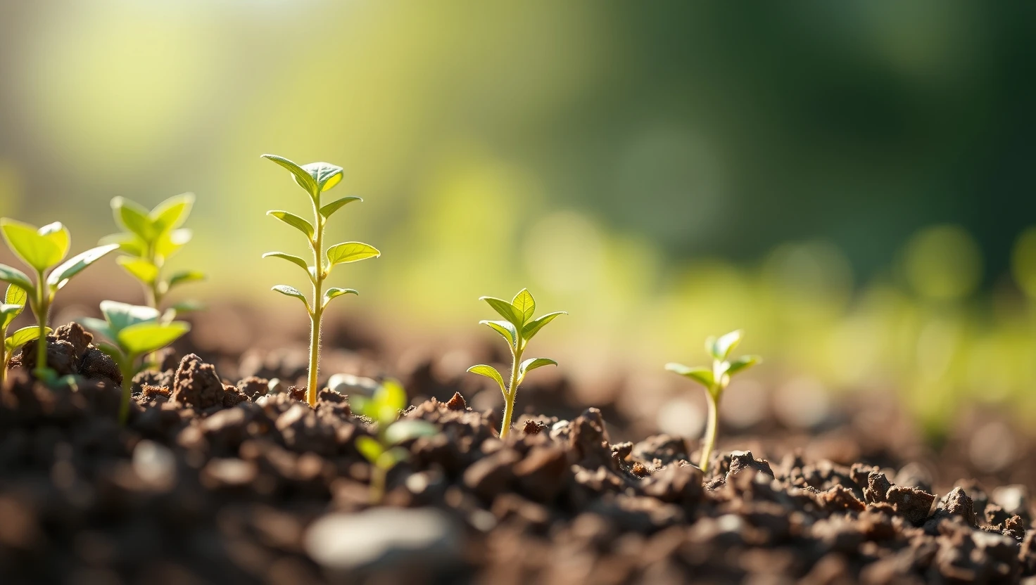 Young plants growing in soil, showing new growth and life