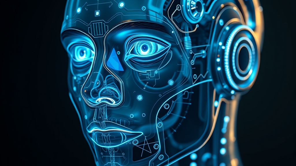 AI robot head blueprint futuristic digital technology concept