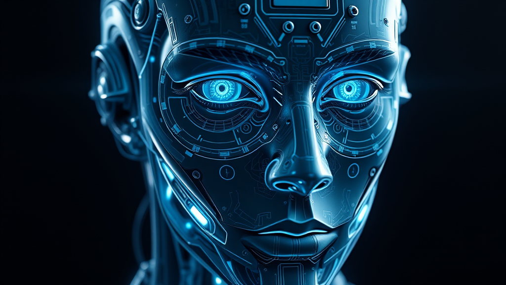 Robot face future AI technology blue eyes digital art