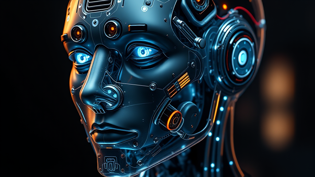 Robot head digital art futuristic science fiction face with glowing eyes