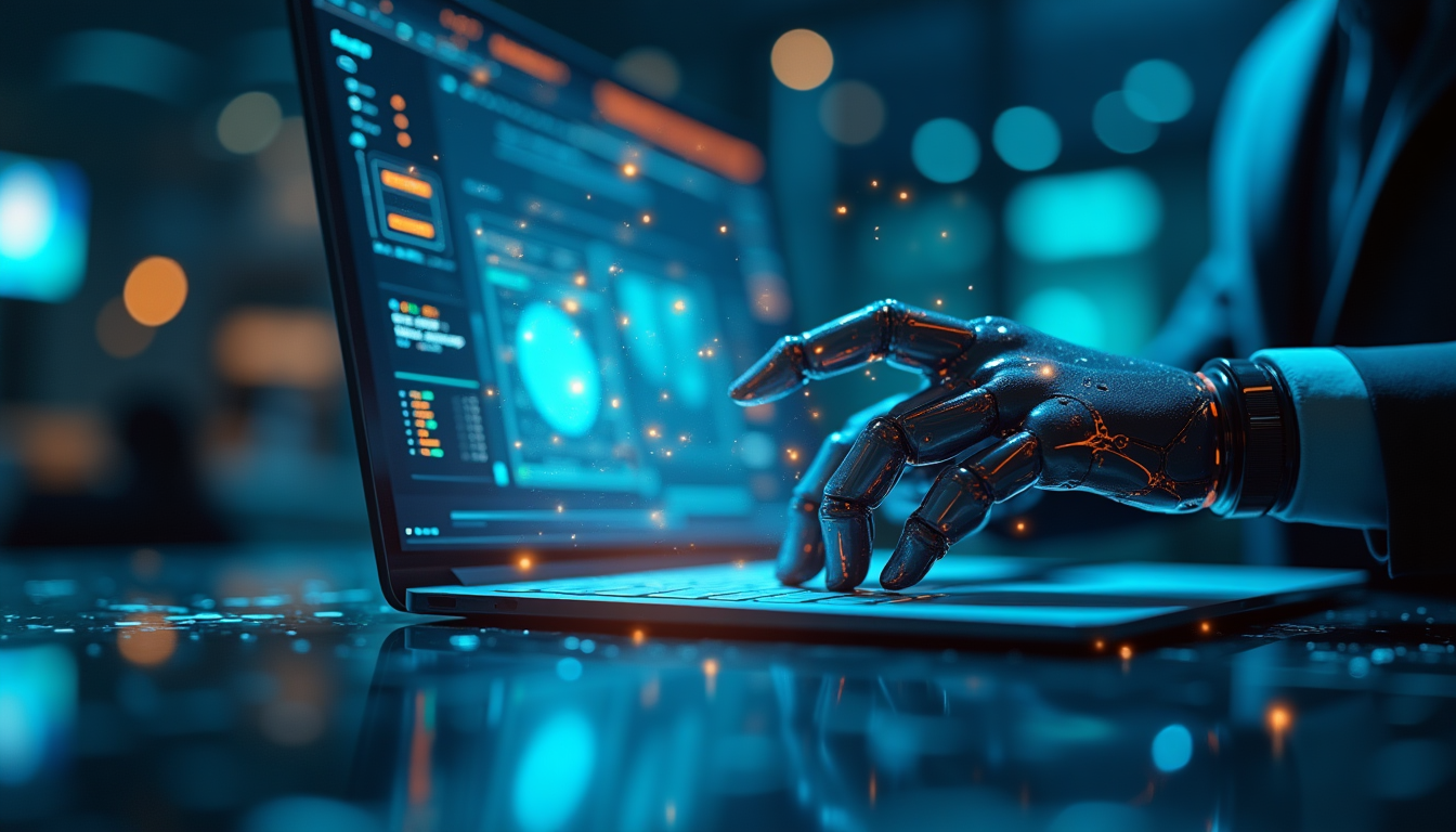 robot hand using laptop for tech