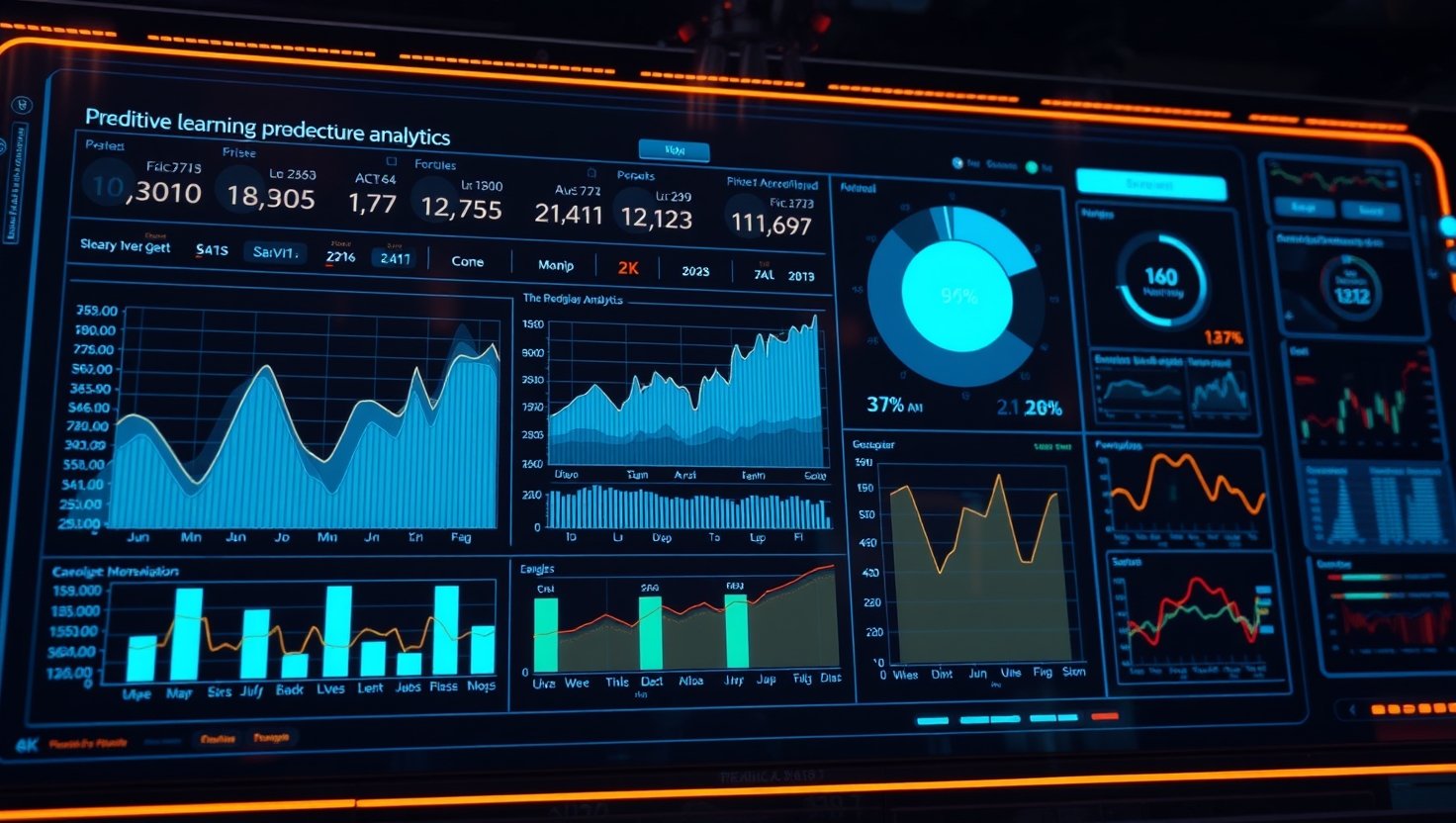 Machine learning predictive analytics dashboard displaying forecasts, charts, graphs, real-time data processing,…