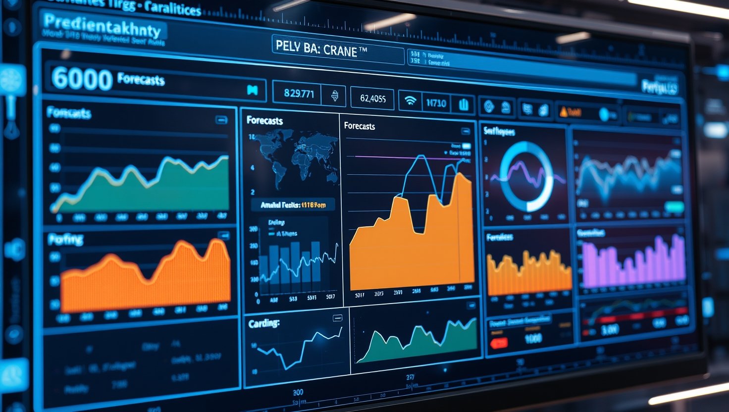Machine learning predictive analytics dashboard displaying forecasts, charts, graphs, real-time data processing,…