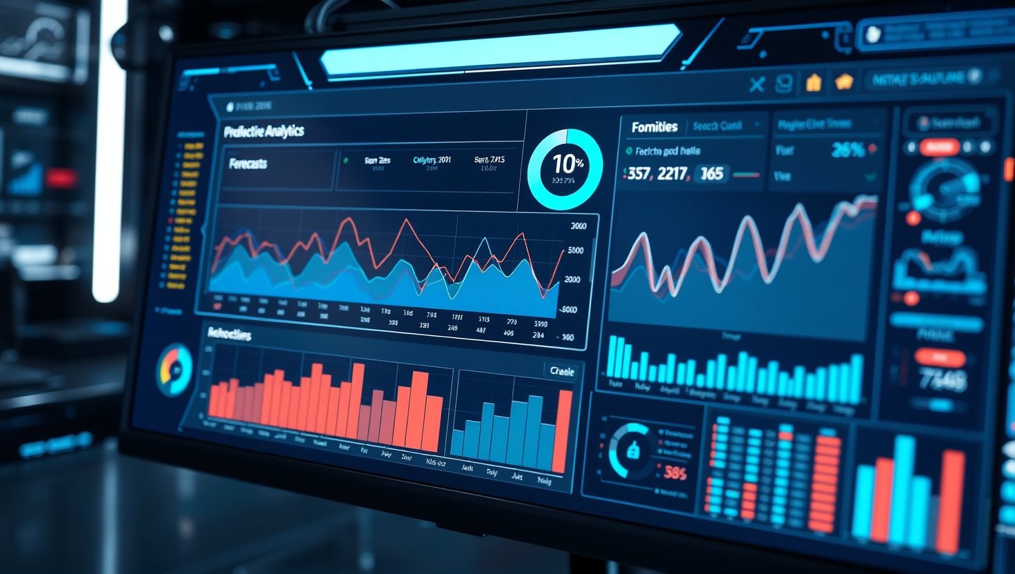 Machine learning predictive analytics dashboard displaying forecasts, charts, graphs, real-time data processing,…