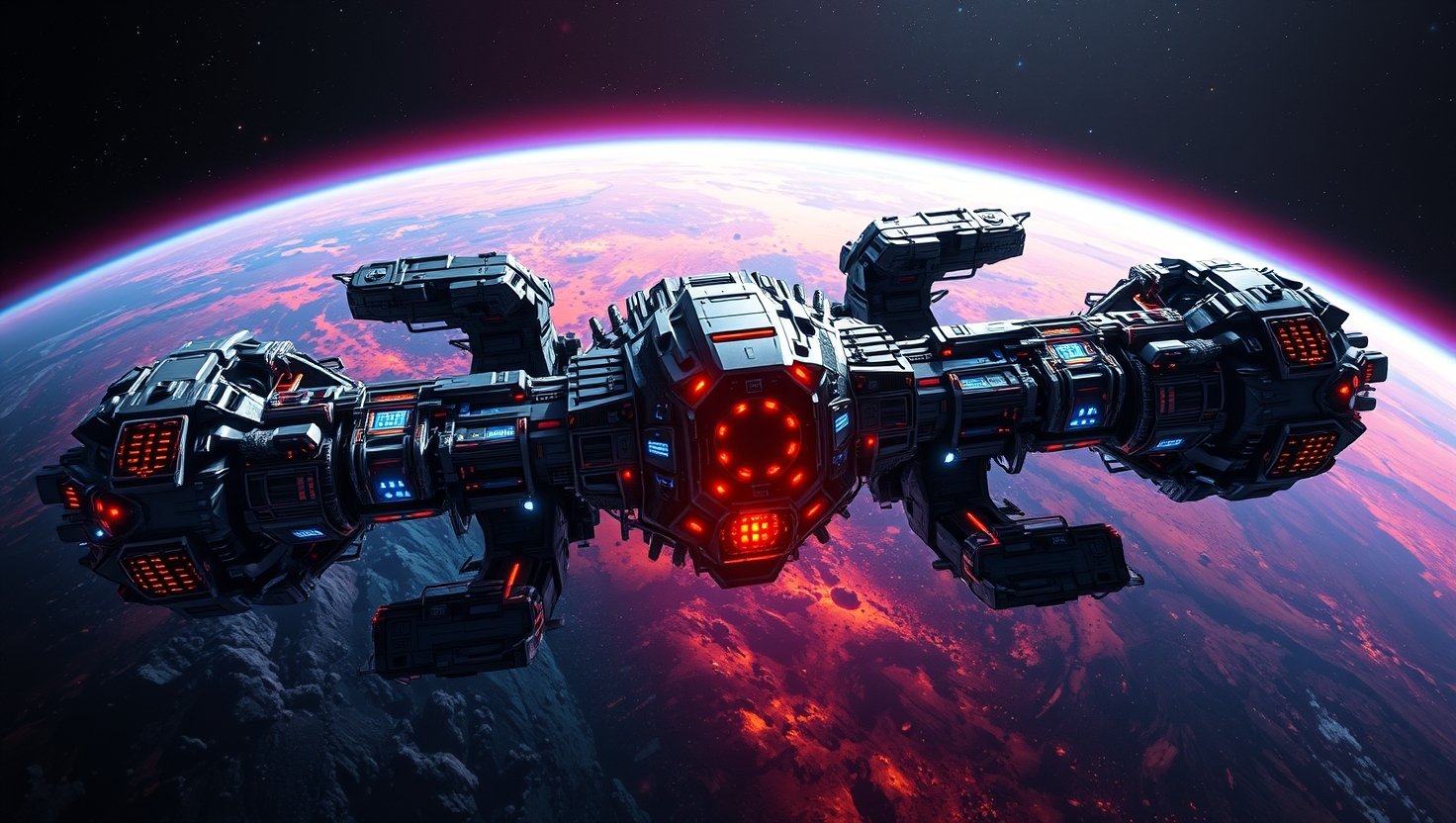 Space ship flying over planet