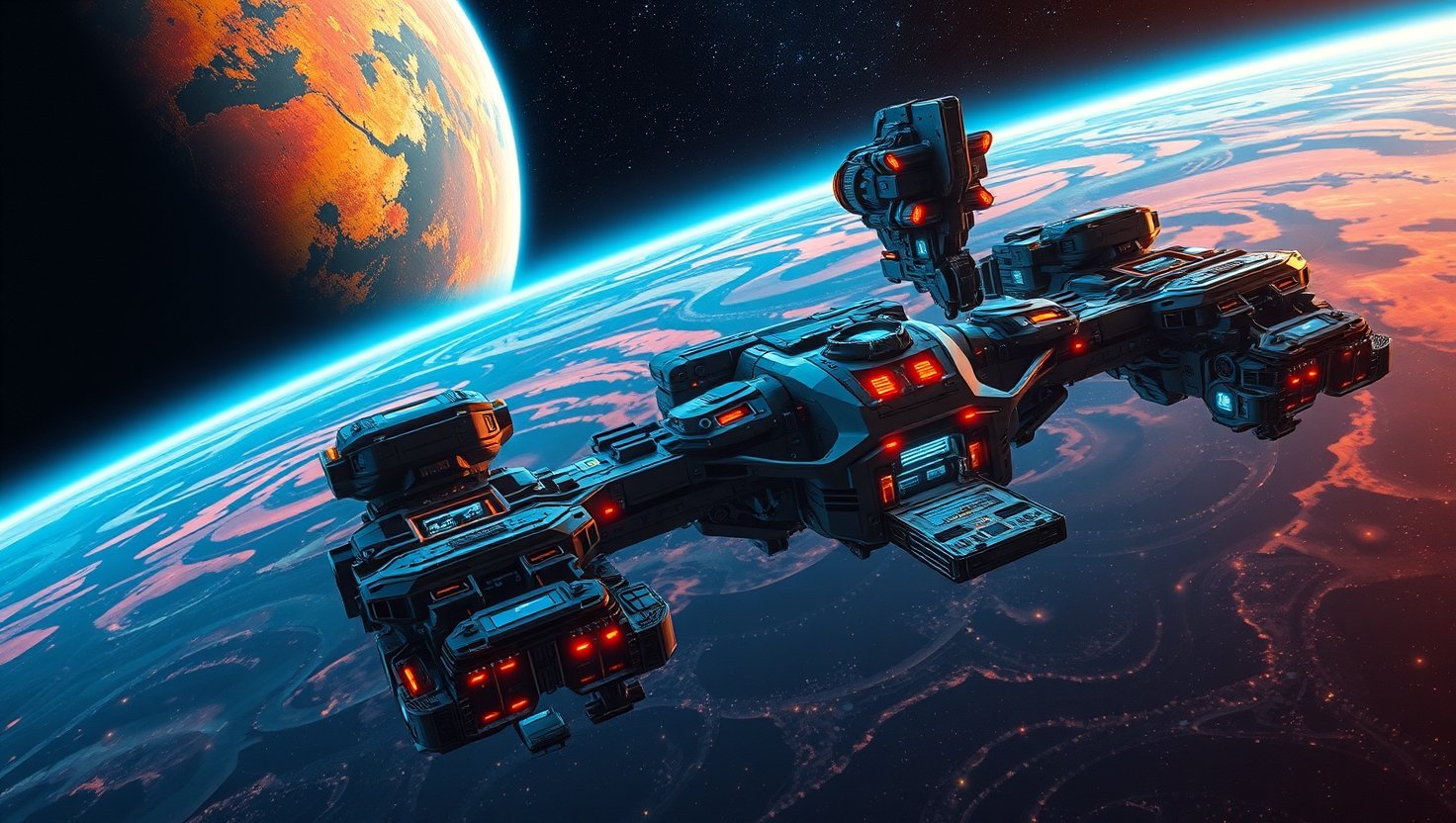 Space ship blue planet sci-fi art
