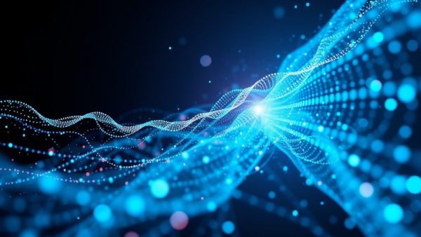 Digital data waves blue glowing particles abstract background graphic
