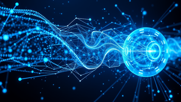 Blue digital network wave with glowing orb illustration for tech