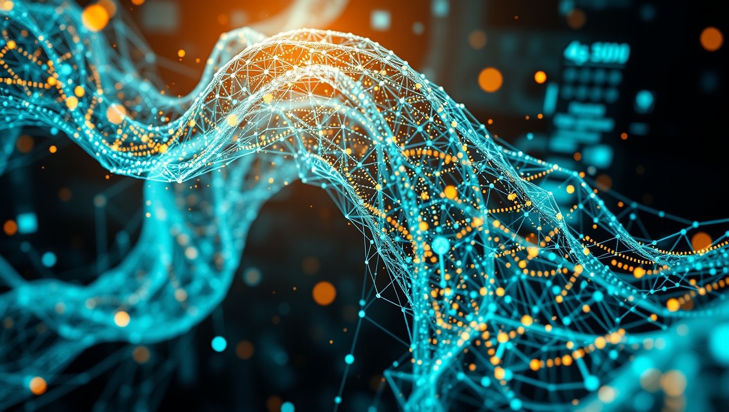 Digital network structure glowing blue and orange data flow