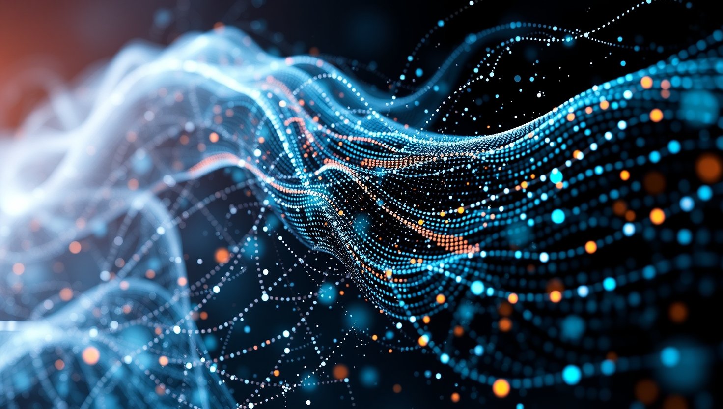 Digital wave data flow abstract background blue orange glowing dots