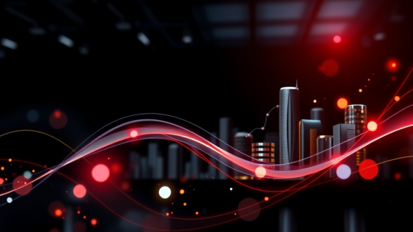 Red light wave modern city skyline data visualization background