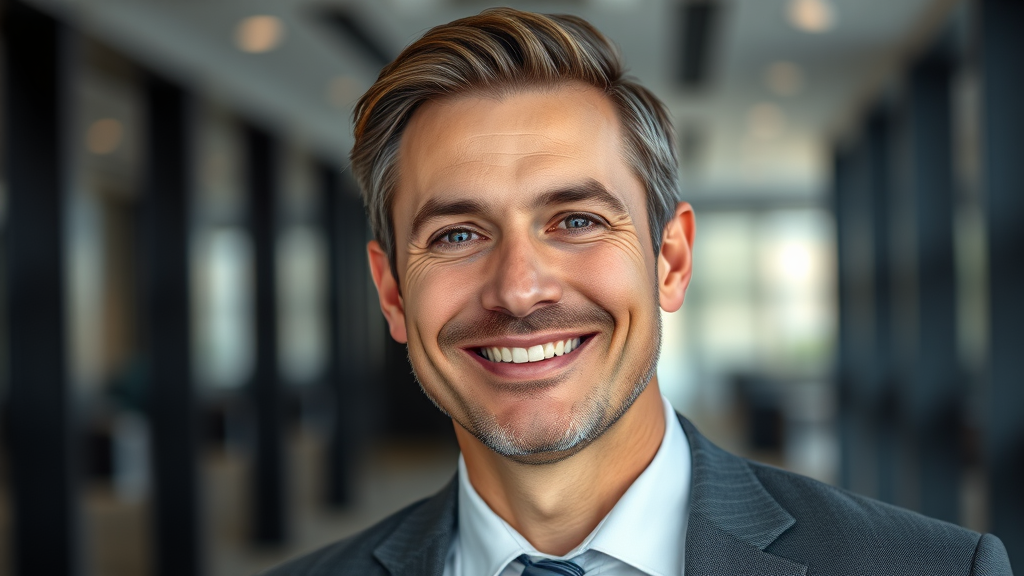 Professional executive with confident smile, direct eye contact, modern corporate setting, realistic…