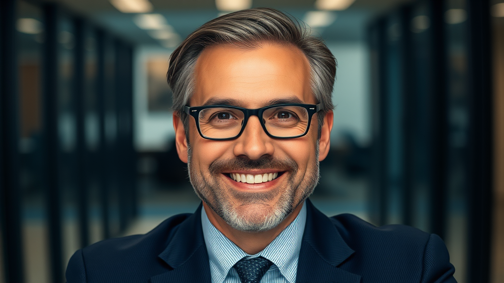 Professional executive with confident smile, direct eye contact, modern corporate setting, realistic…