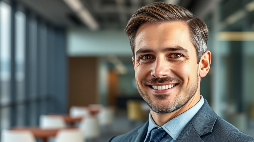 Professional executive with confident smile, direct eye contact, modern corporate setting, realistic…