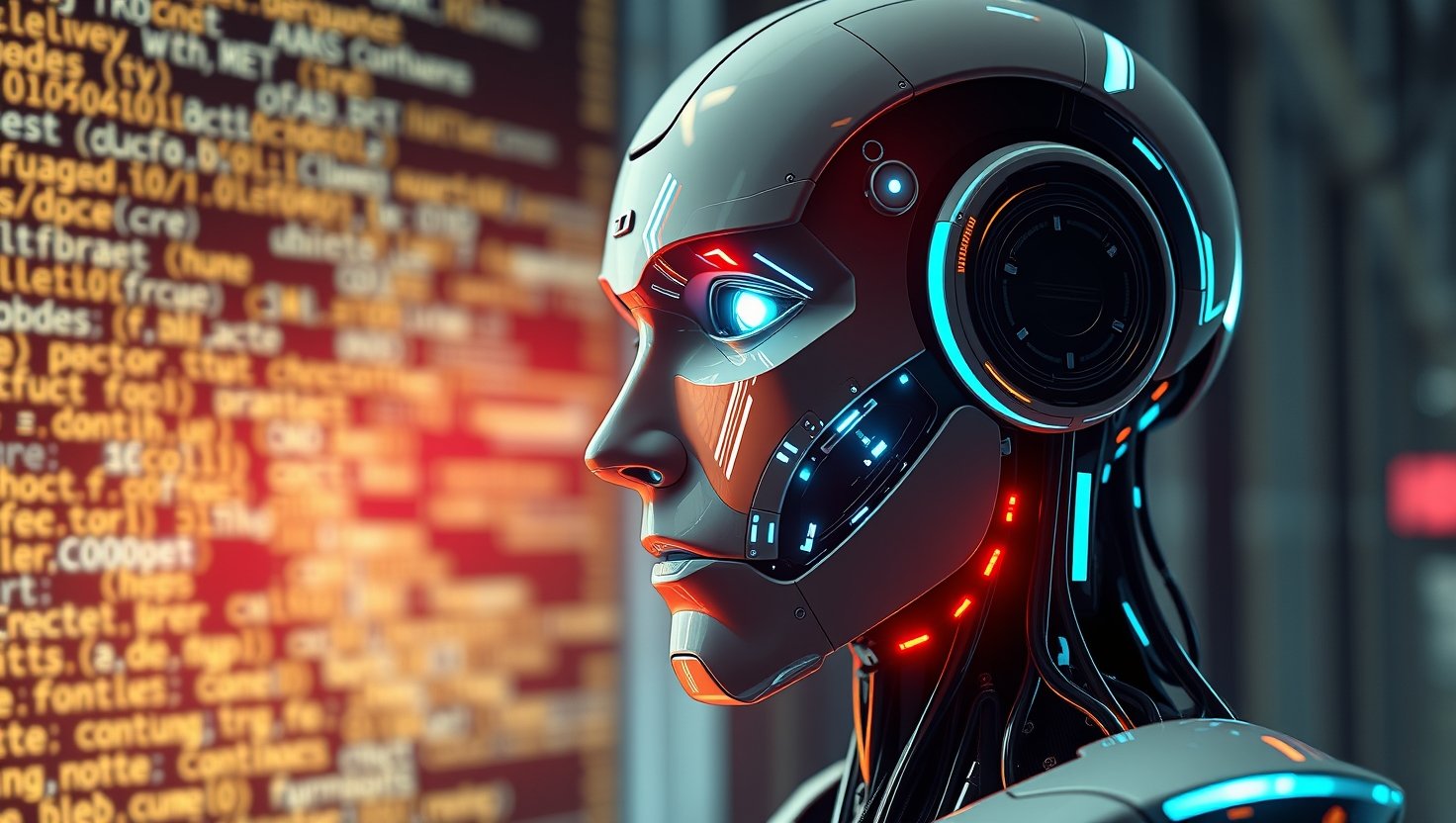 robot interacting with digital code streams, futuristic humanoid design,