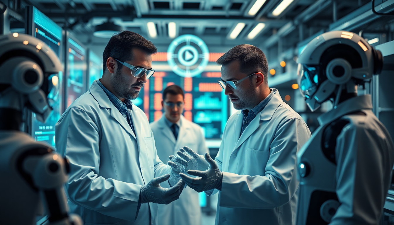 Scientists and robots in lab reviewing data on futuristic screen