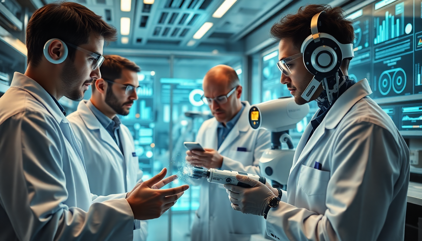 Lab team using advanced tech equipment in futuristic research lab