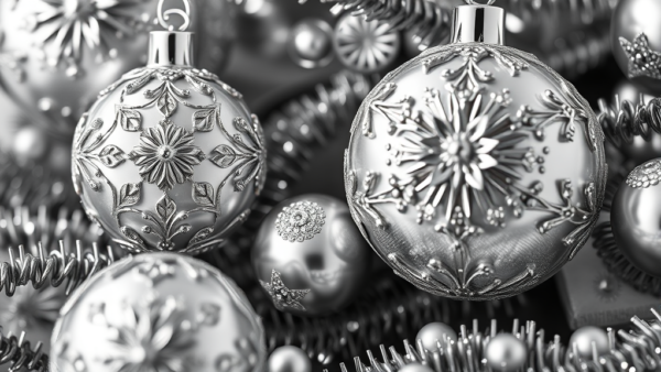 Silver Christmas ornaments festive holiday decor close up detailed festive background