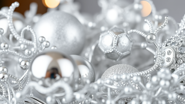 Silver Christmas ornaments, festive holiday decorations, shiny baubles, detailed close up