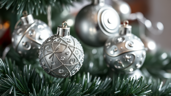 Silver Christmas Ornaments on Pine Tree Close Up Holiday Decoration