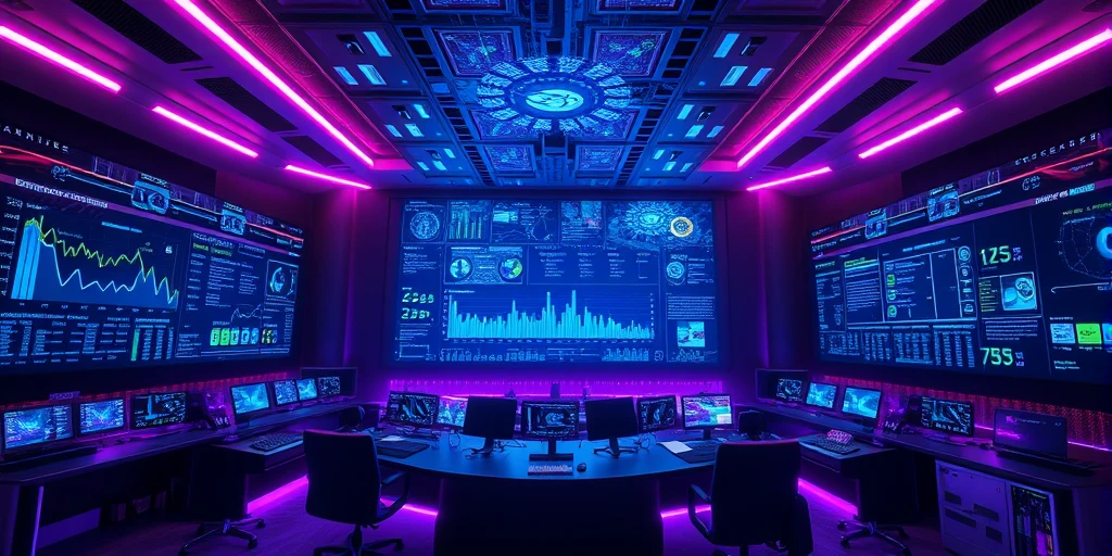 Ultra-modern AI control room with massive holographic screens displaying real-time data streams,…